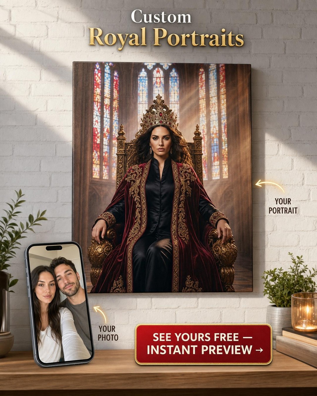 Custom Royal Man Portrait — Regal Throne Canvas for Woman