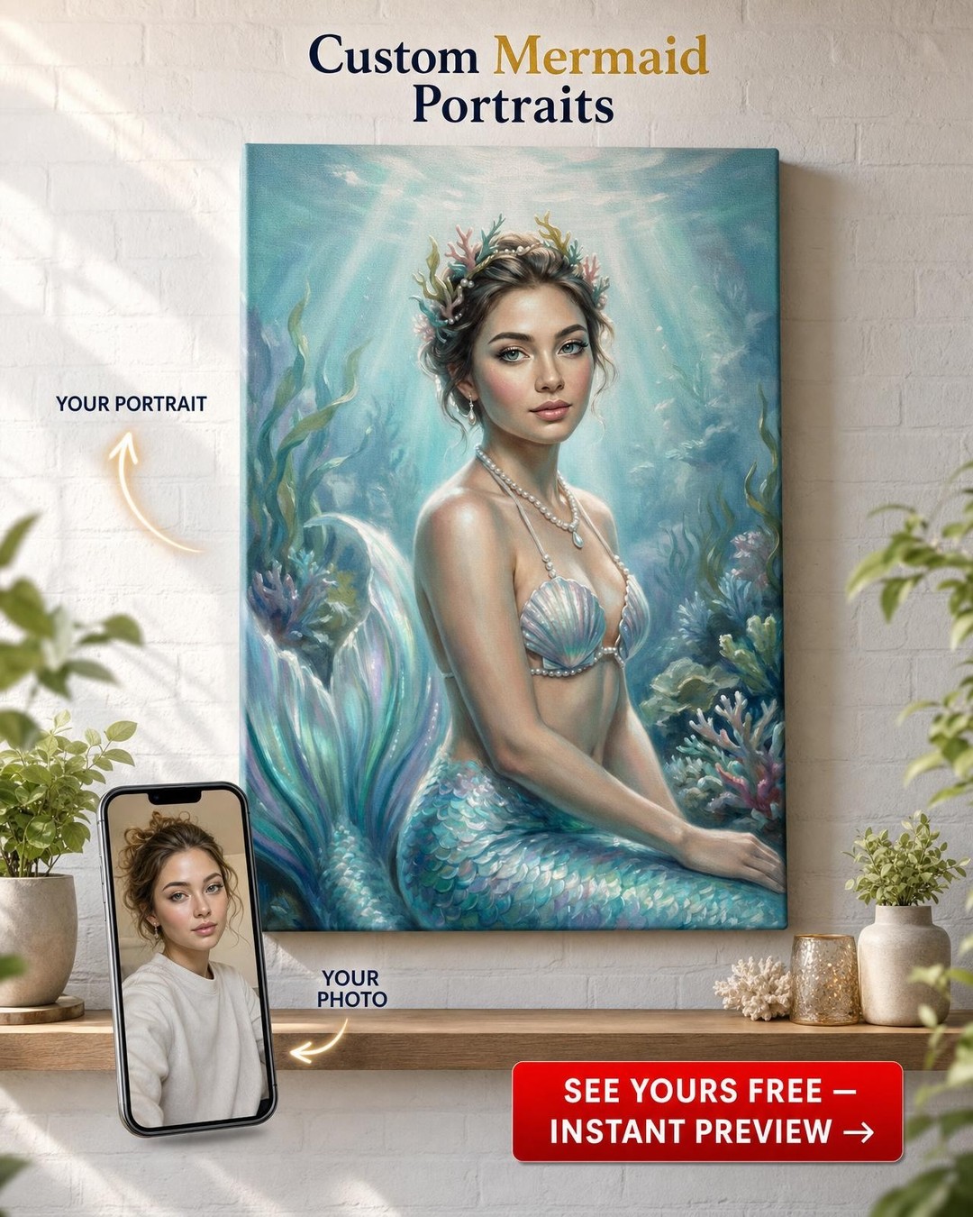 Custom Fantasy Woman Portrait — Whimsical Mermaid Canvas from Photo