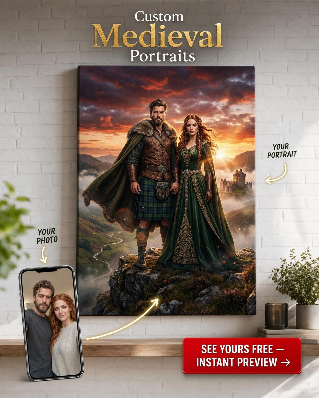 Custom Scottish Couple Portrait — Regal Highland Romance Canvas