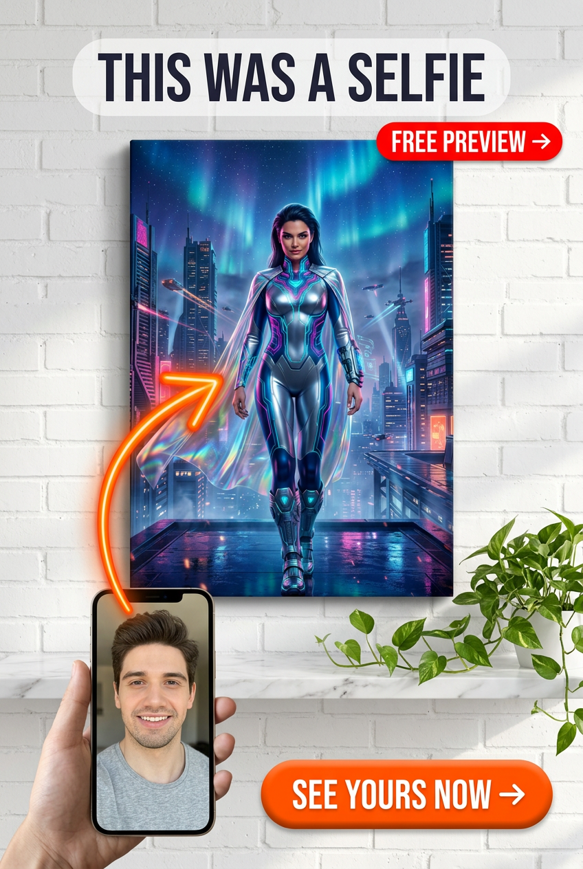 Custom Cyberpunk Single Man Portrait — Heroic Neon Canvas from Photo