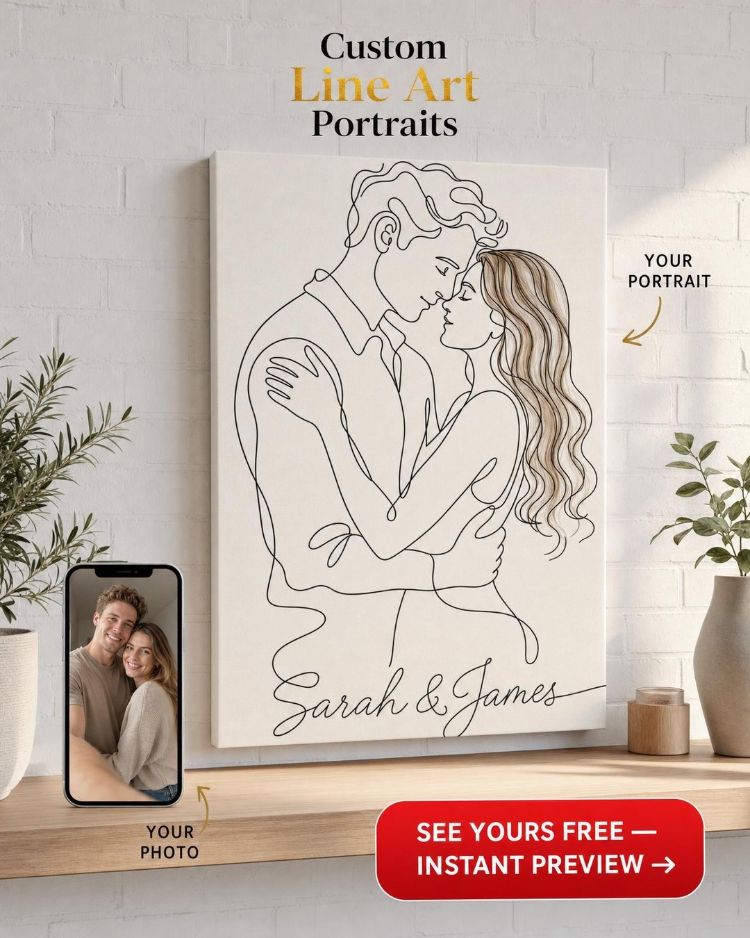 Custom Line Drawing Couple Portrait — Romantic Minimalist Canvas