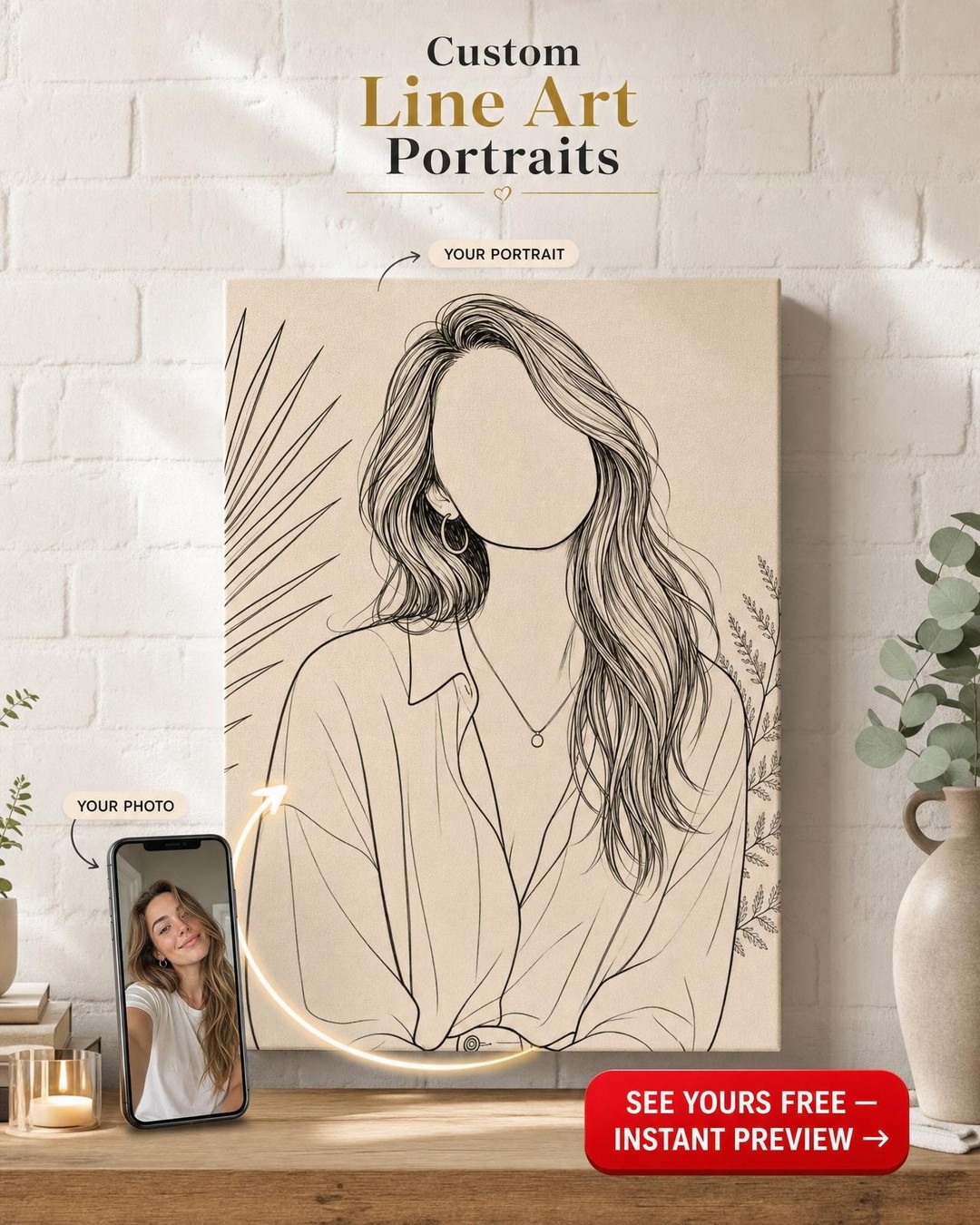 Custom Minimalist Woman Portrait — Serene Canvas from Photo