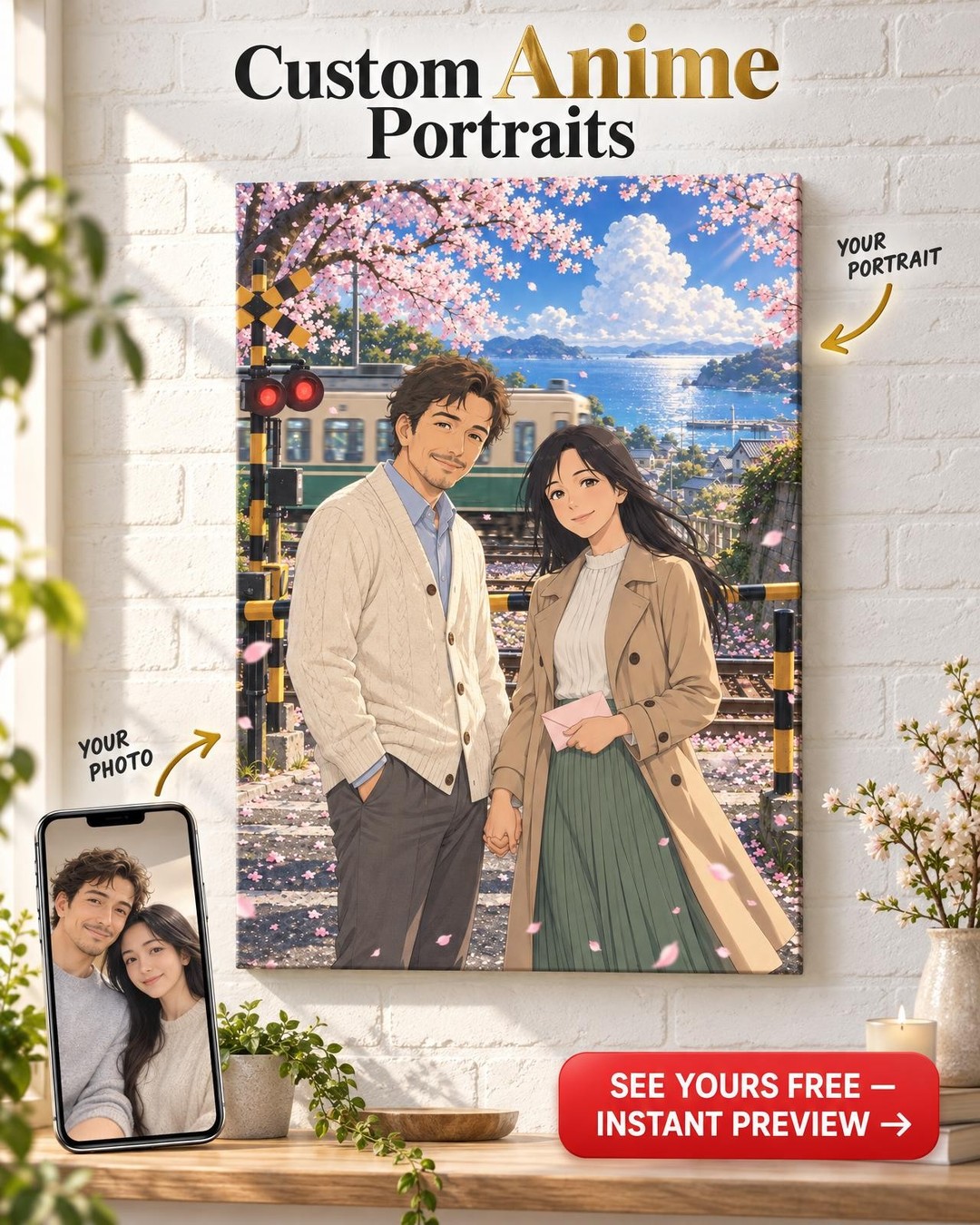 Cherry Blossom Anime Couple Custom Portrait from Photo | Personalized Anime Cosplay Gift