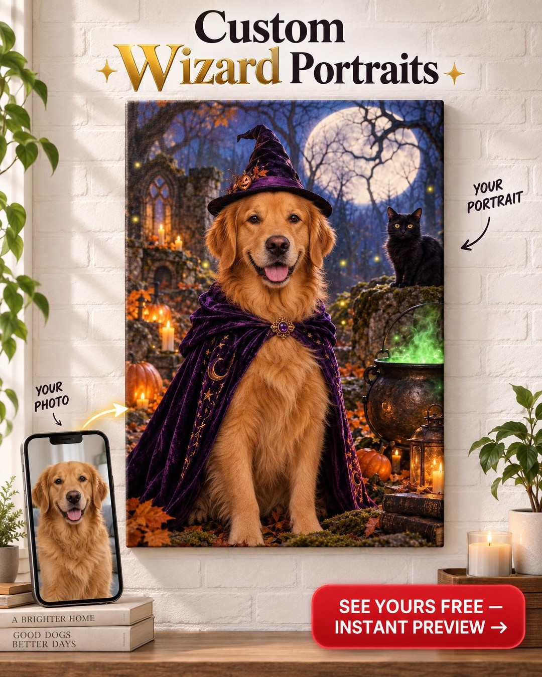 Moonlit Forest Witch Custom Portrait from Photo | Personalized Gift