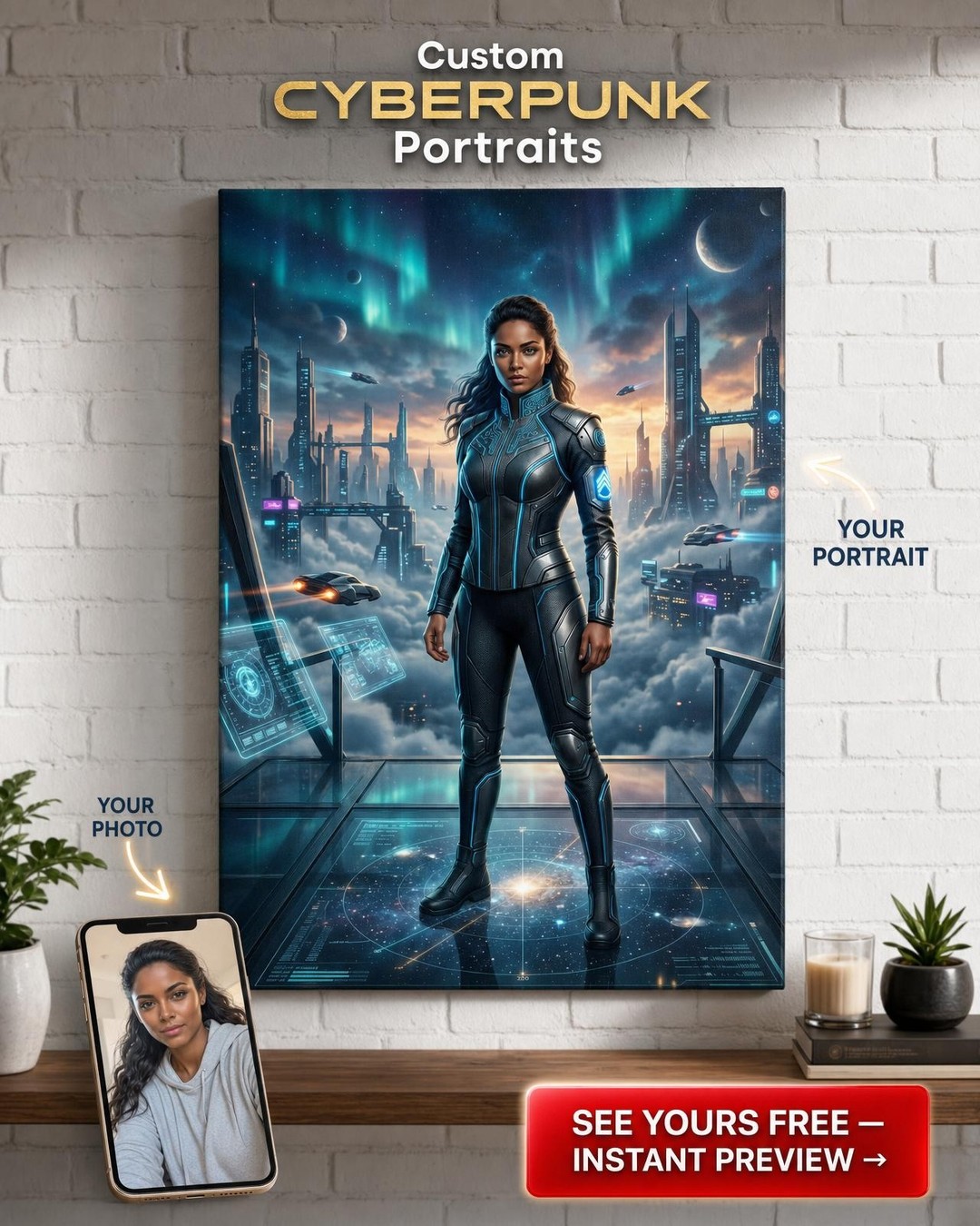 Custom Sci-Fi Man Portrait — Heroic Futuristic Canvas for Woman