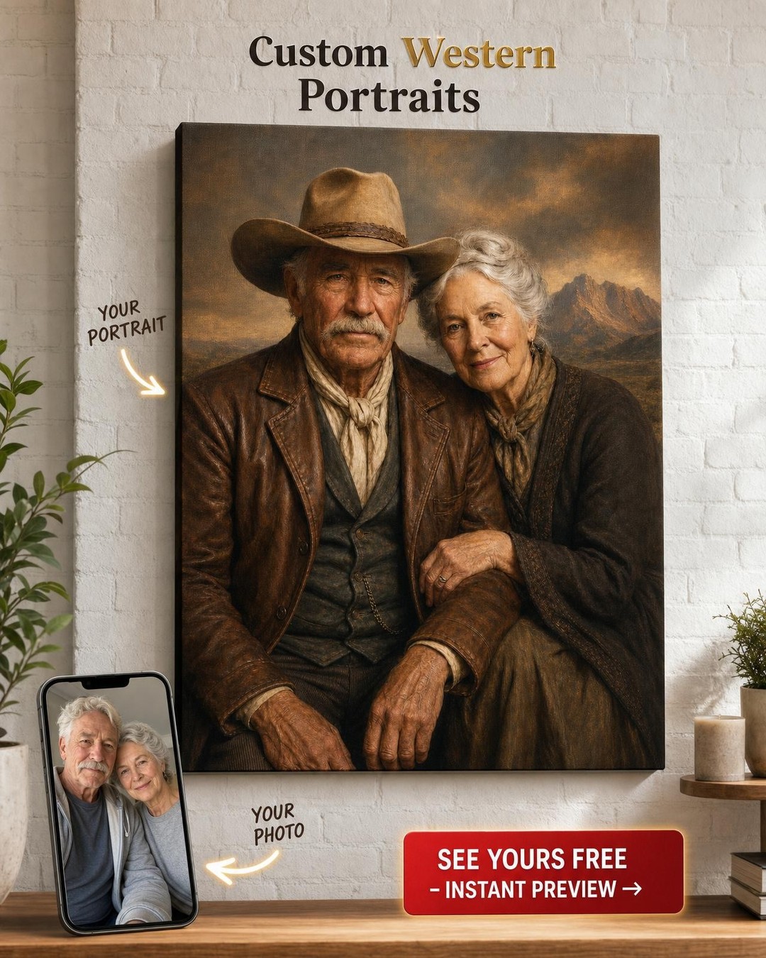 Custom Cowboy Couple Portrait — Personalized Canvas