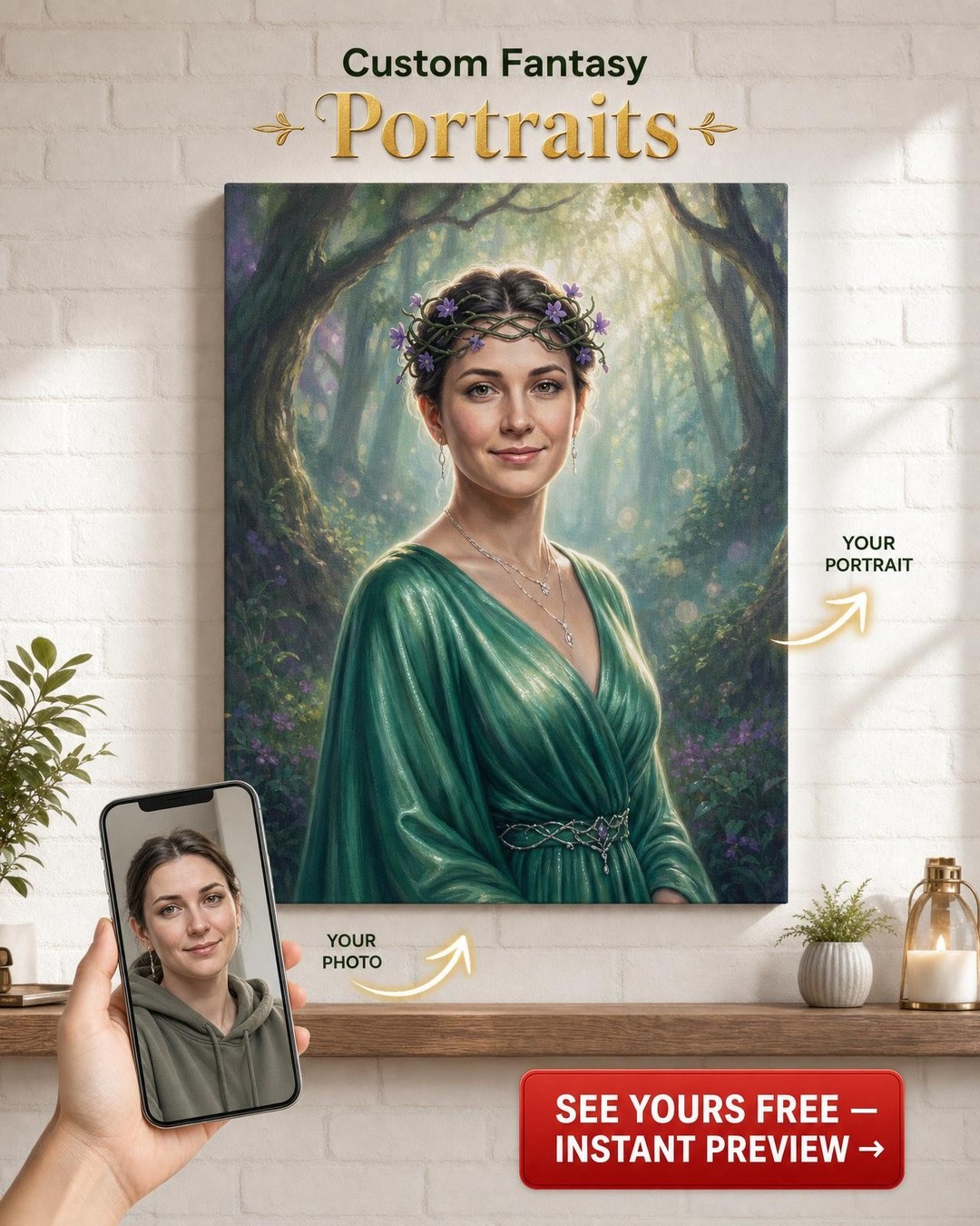 Custom Fantasy Woman Portrait — Whimsical Forest Maiden Canvas