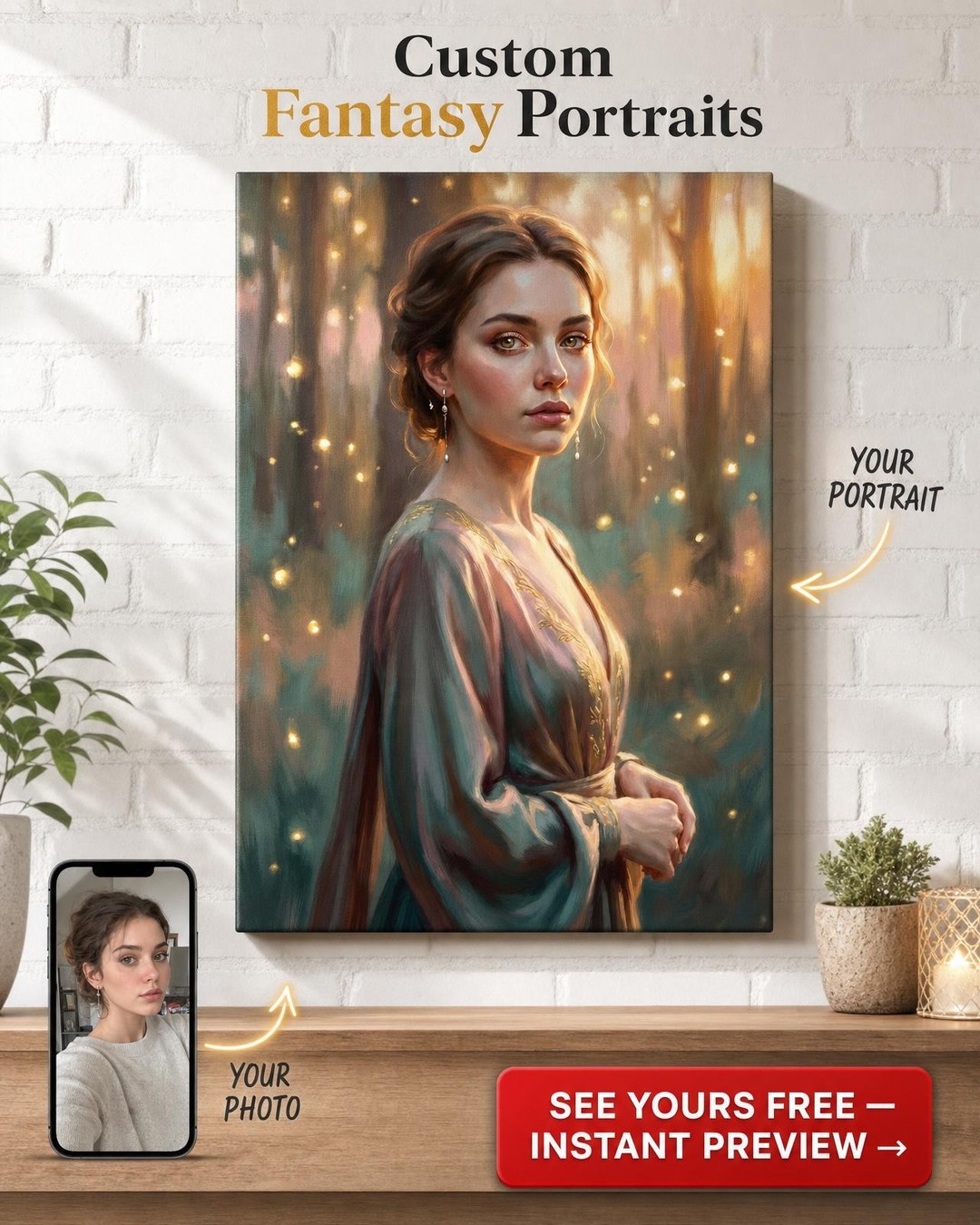 Custom Fantasy Woman Portrait — Serene Floral Canvas Art