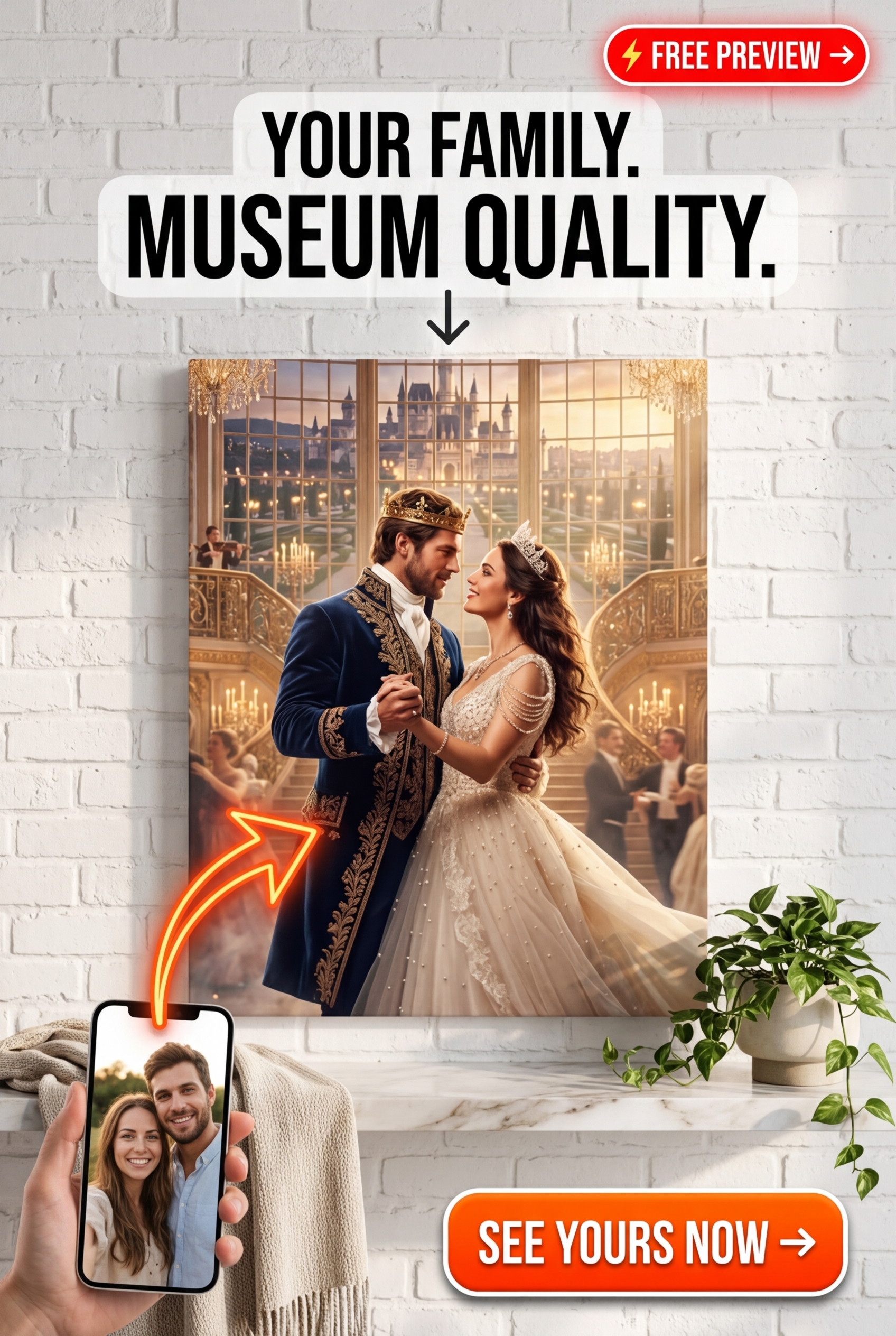 Custom Royal Couple Portrait — Romantic Ballroom Canvas from Photo