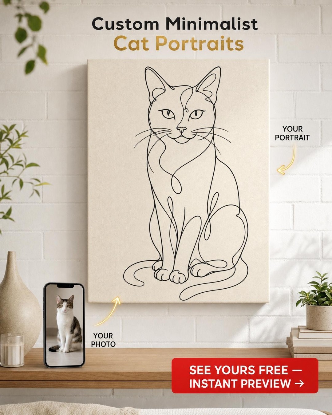 Custom Cat Line Drawing Portrait — Serene Minimalist Canvas from Photo