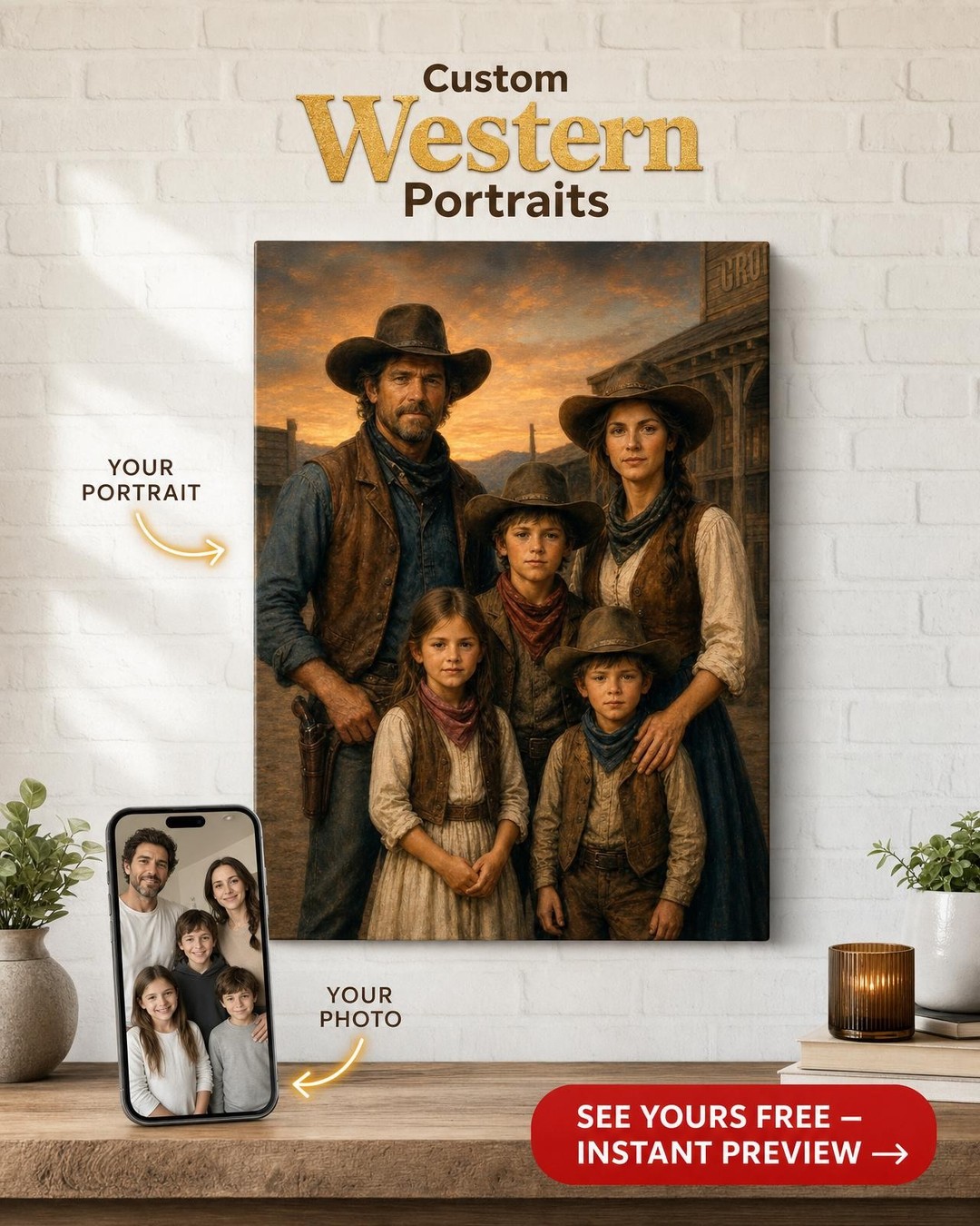 Custom Cowboy Family Portrait — Nostalgic Western Canvas from Photo