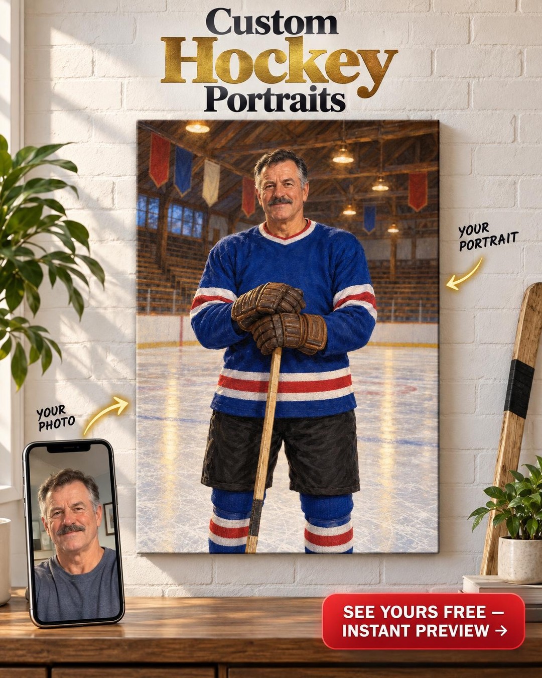 Old-Time Hockey Custom Portrait from Photo | Personalized Hockey Portrait Gift
