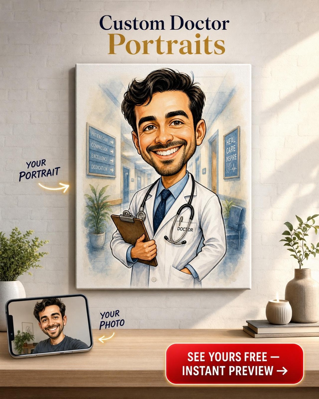 Heroic Doctor Caricature Portrait — Custom Art