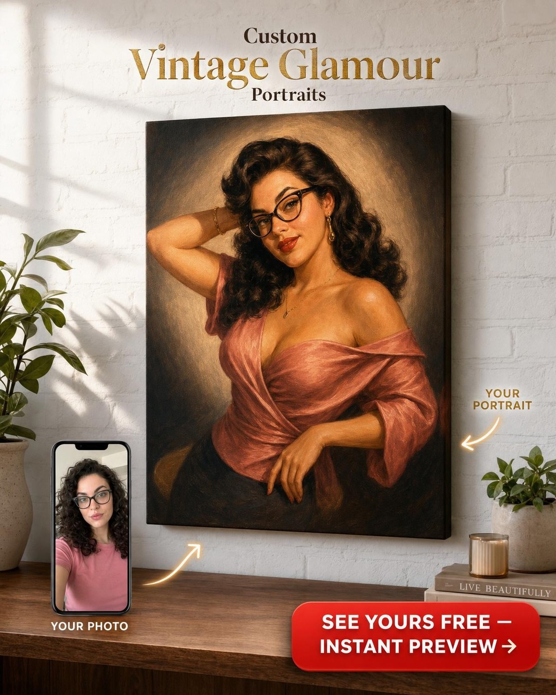 Custom 1940s Pin-Up Hollywood Glamour Portrait from Photo | Personalized Gift