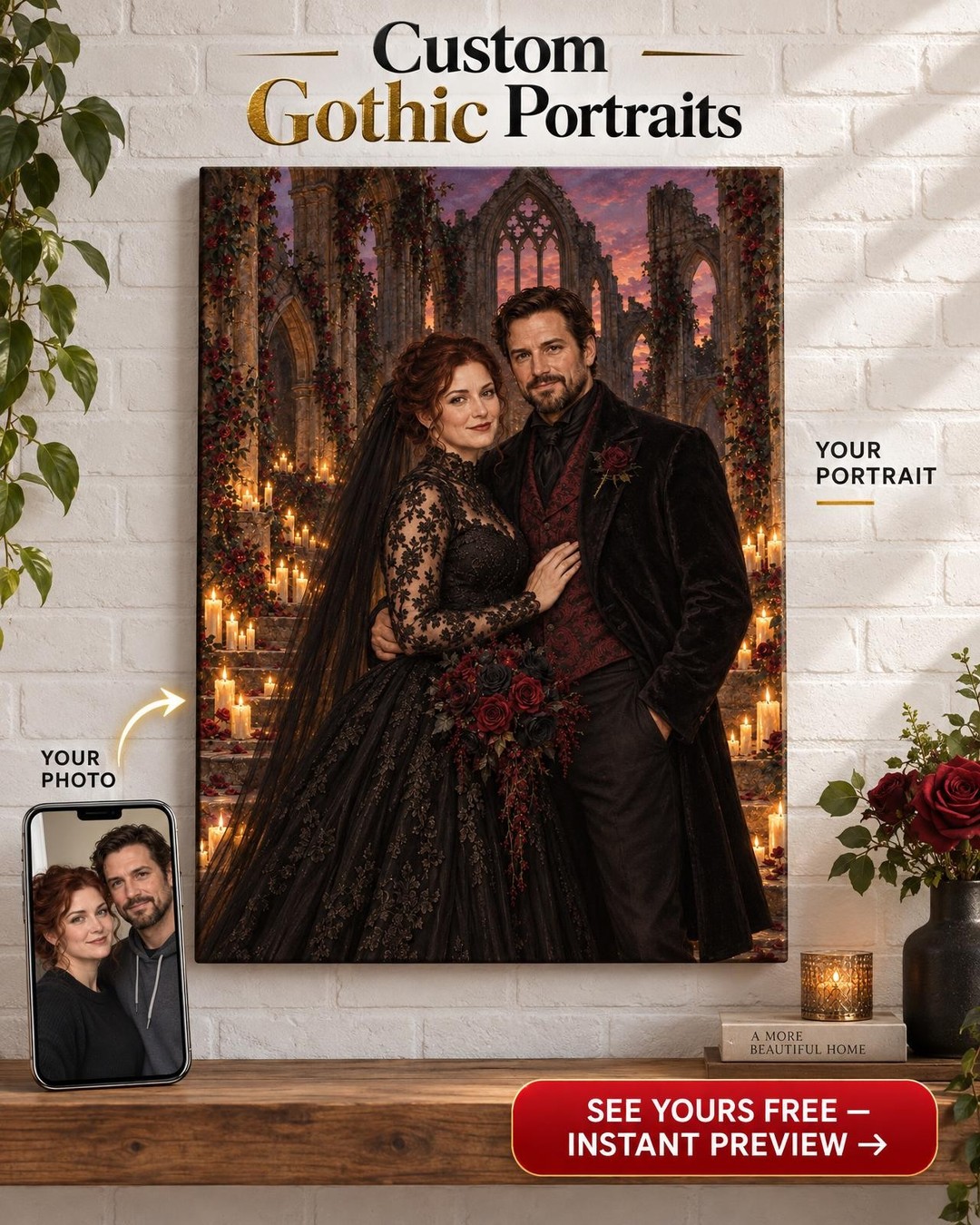 Dark Fantasy Wedding Custom Portrait from Photo | Personalized Gothic Portrait Gift