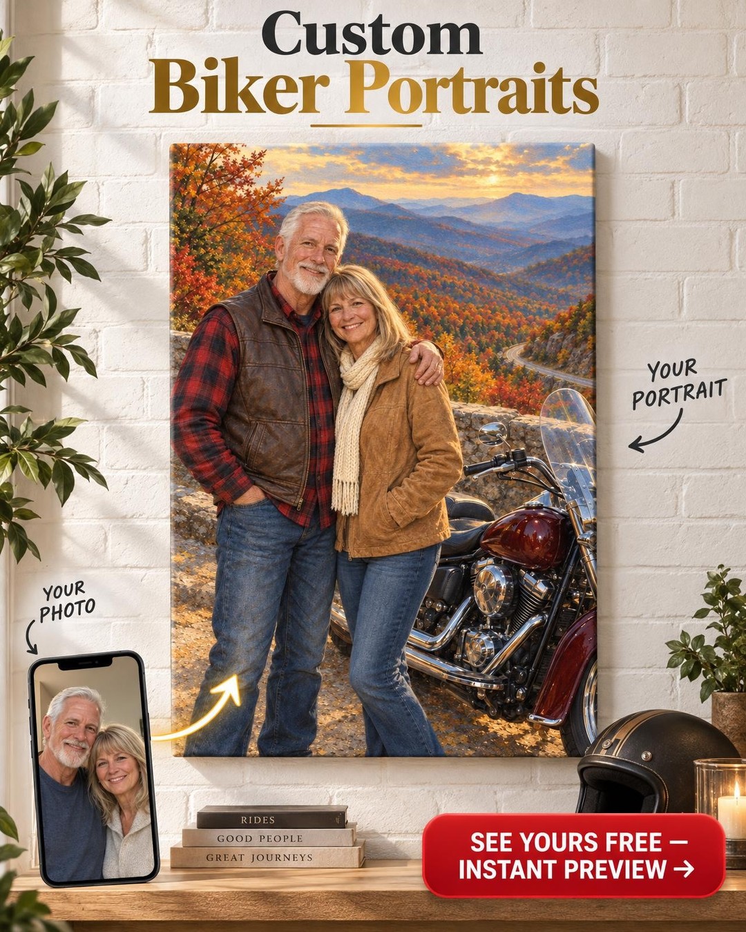 Fall Colors Motorcycle Couple Custom Portrait from Photo | Personalized Motorcycle Portrait Gift