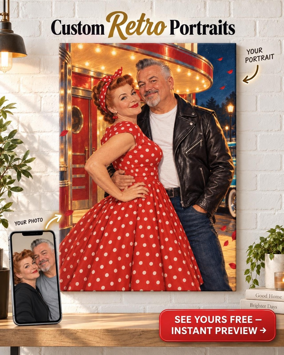 Rockabilly Sweethearts Custom Portrait from Photo | Personalized Rockabilly Canvas Gift