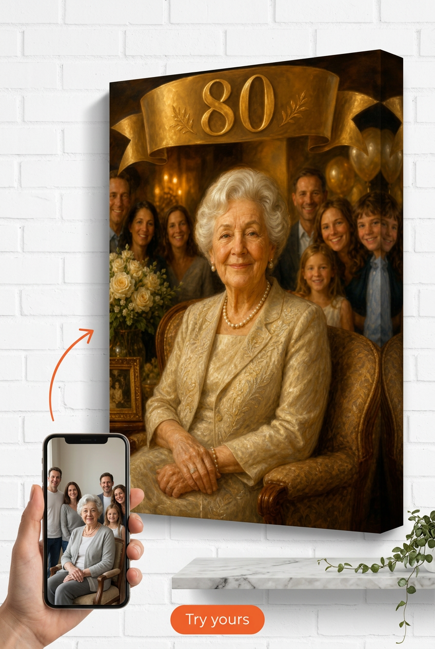 Custom Birthday Family Portrait — Festive 80th Milestone from Photo