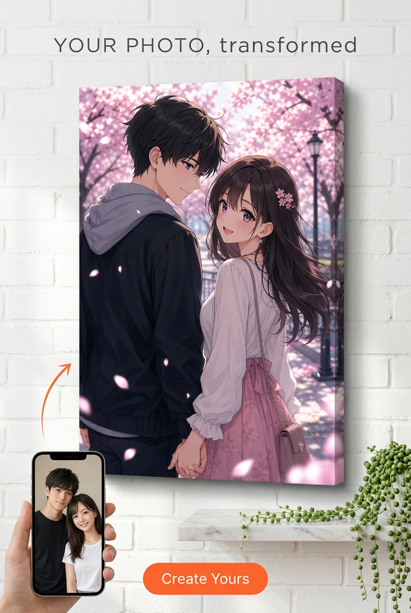 Custom Anime Couple Portrait — Romantic Hand-Holding Canvas