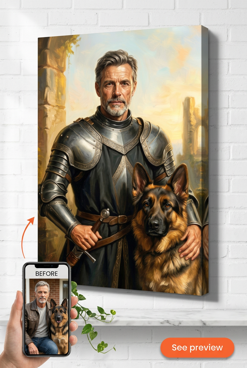 Custom Knight Single Man Portrait — Heroic Dog & Armor Canvas
