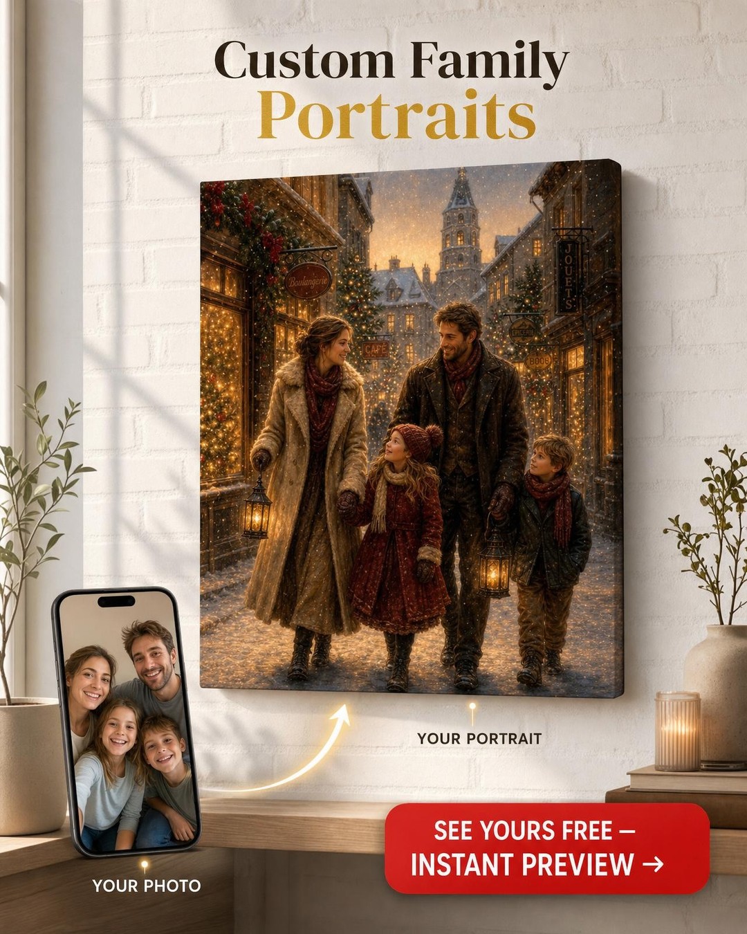 Custom Christmas Family Portrait — Festive Village Scene from Photo