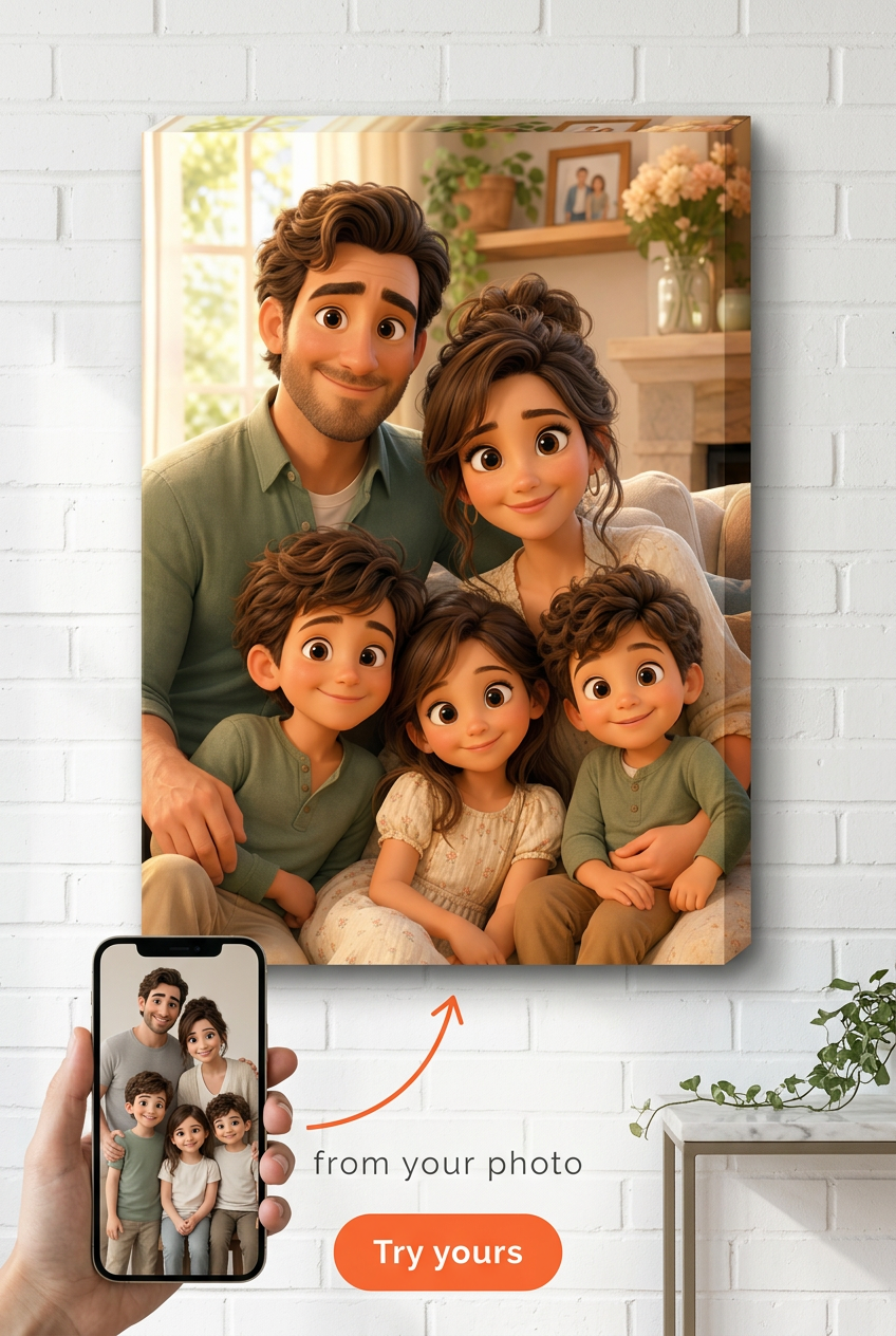Custom Pixar-Style Family Portrait — Animated Canvas from Photo