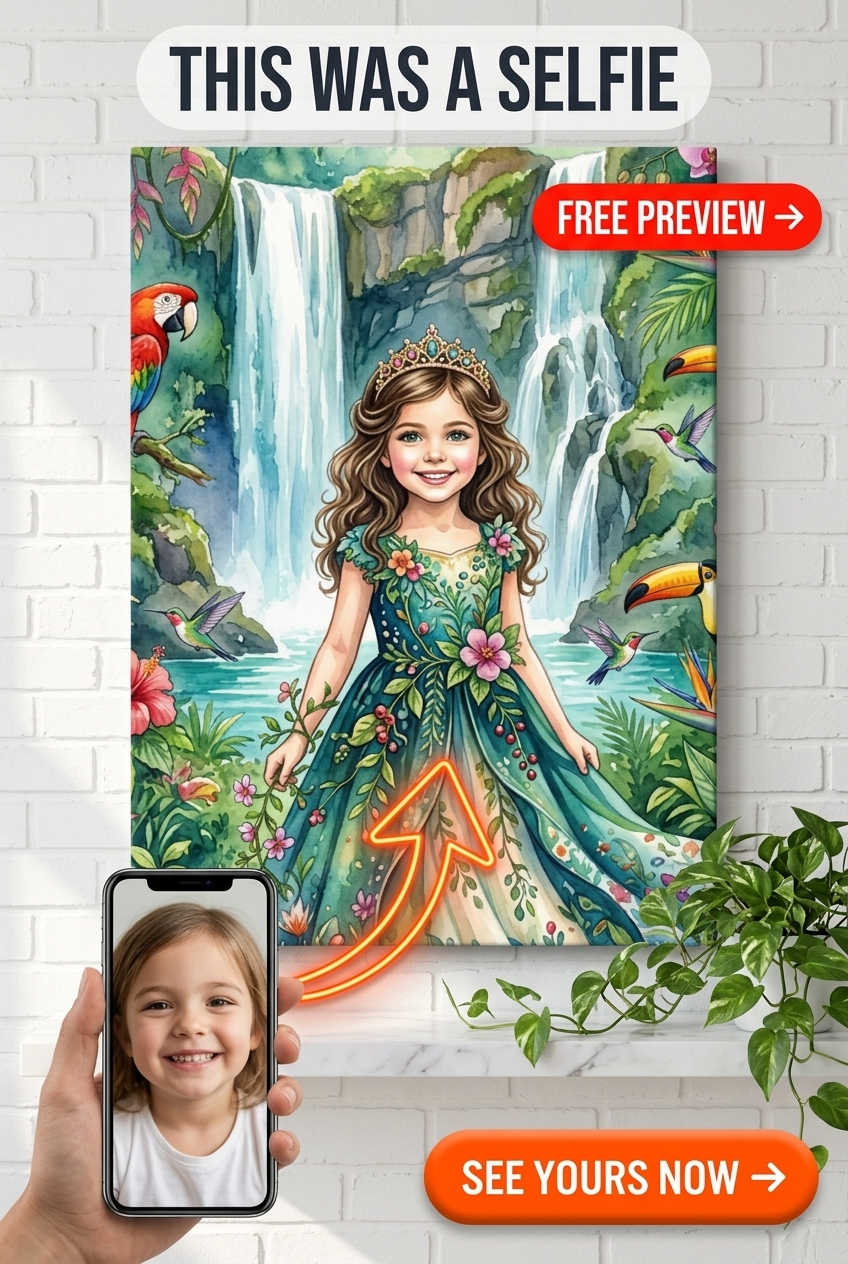 Custom Fantasy Girl Portrait — Whimsical Waterfall Canvas from Photo