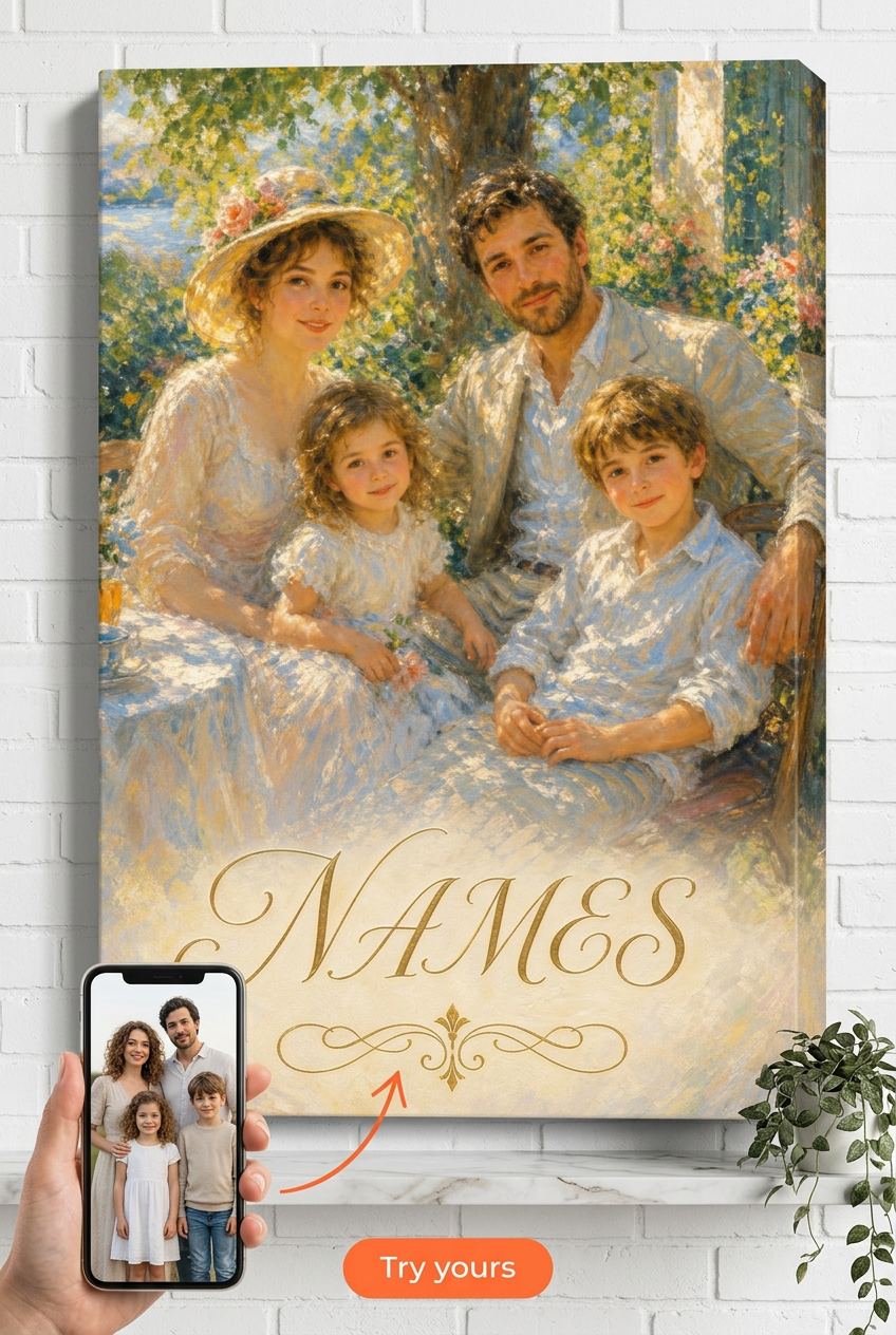 Custom Impressionist Family Portrait — Serene Floral Canvas from Photo