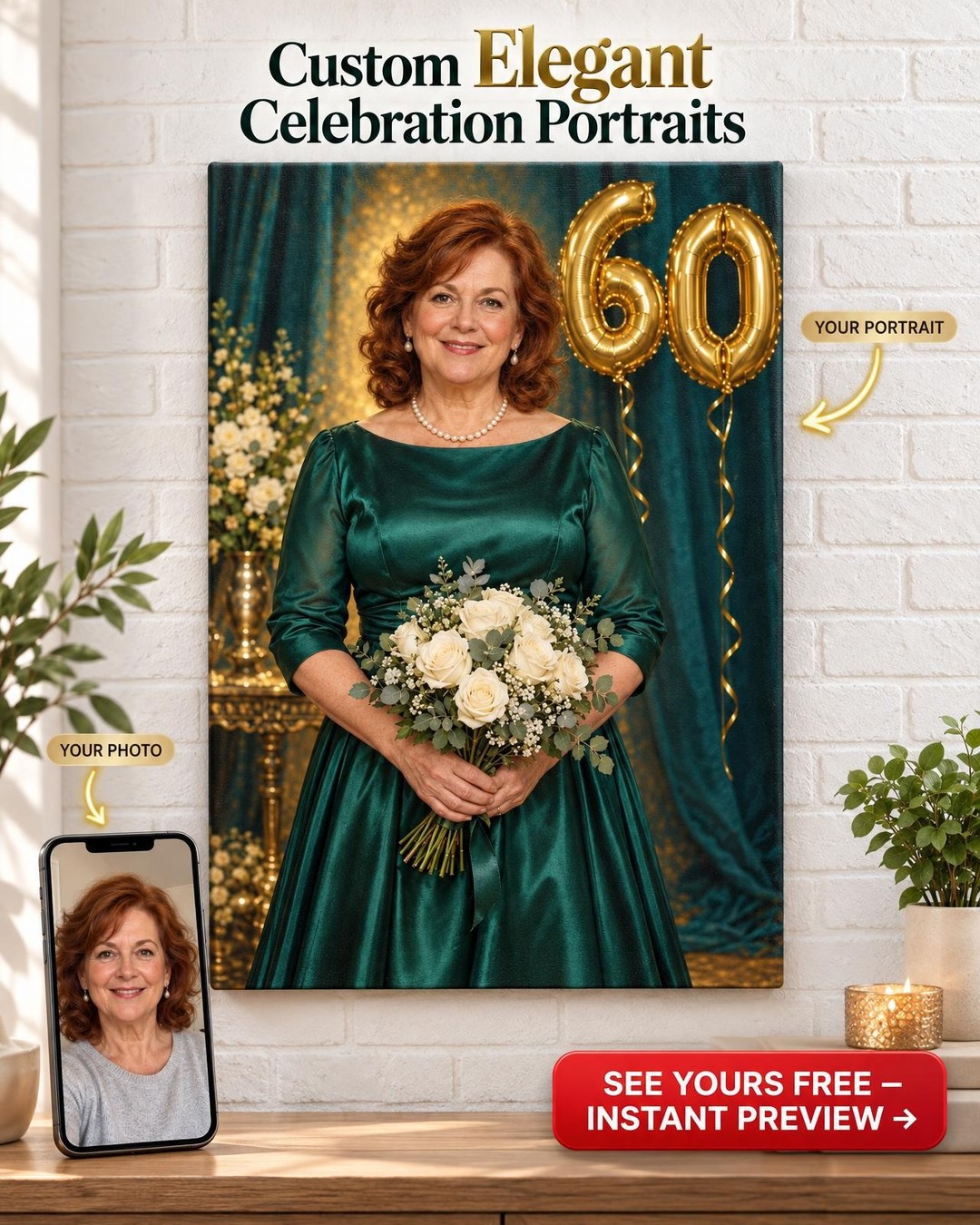 Gold Balloons Birthday Custom Portrait from Photo | Milestone Birthday Gift