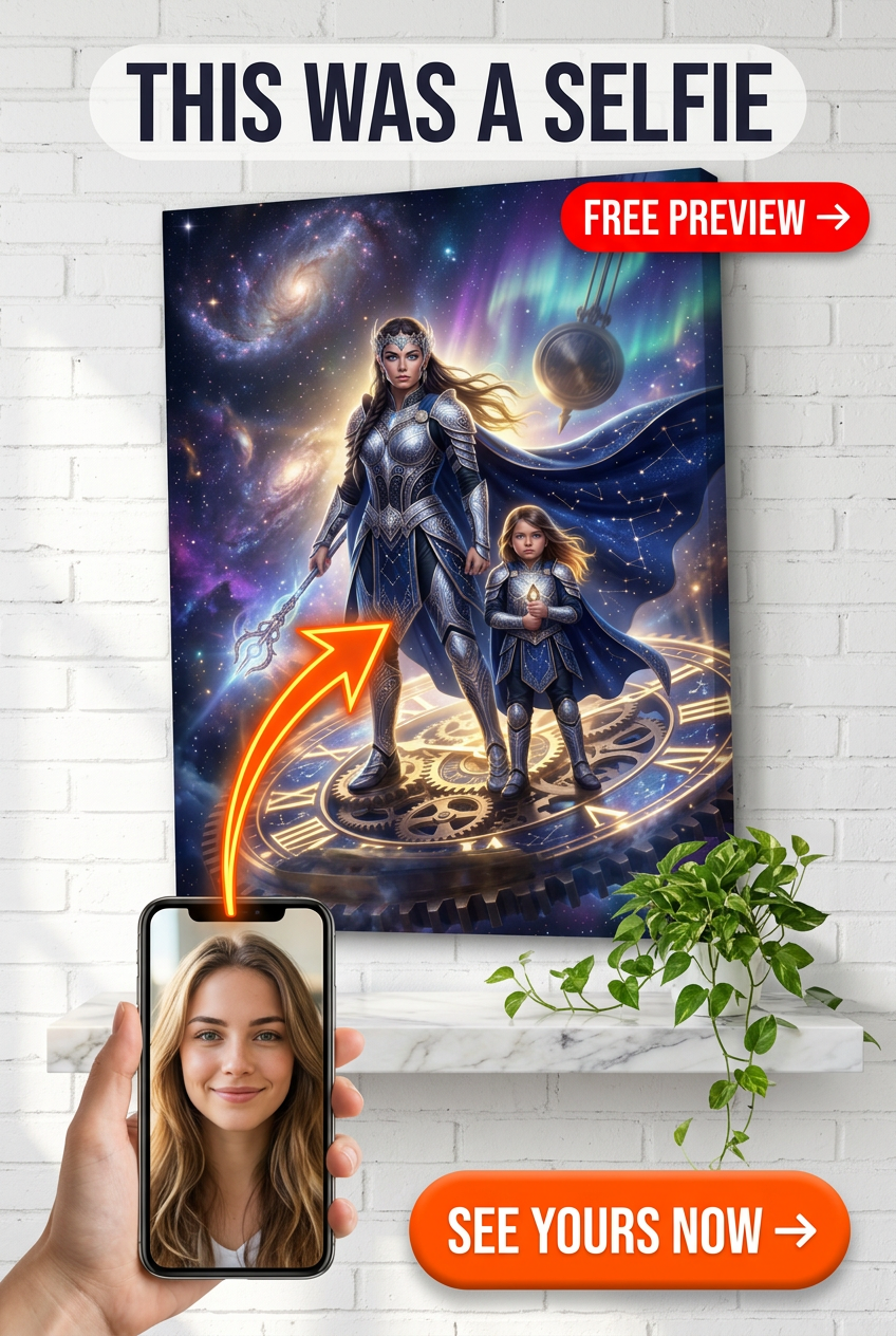 Custom Fantasy Single Woman Portrait — Heroic Mother & Child Canvas