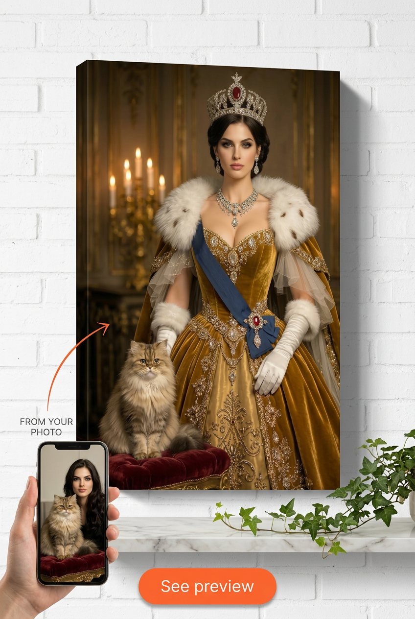 Custom Royal Woman Portrait — Regal Crown & Cat Canvas
