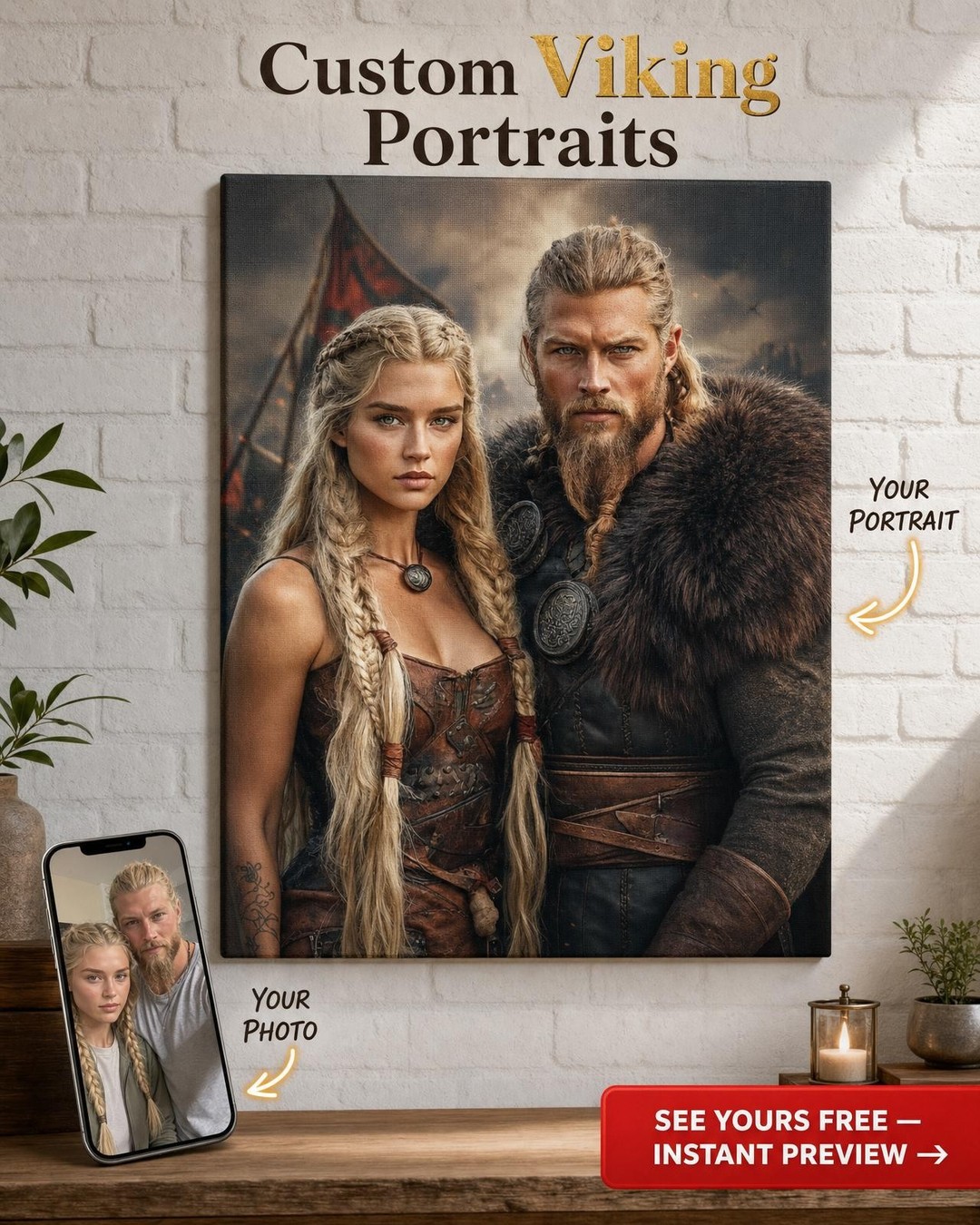 Custom Viking Couple Portrait — Heroic Warrior Canvas