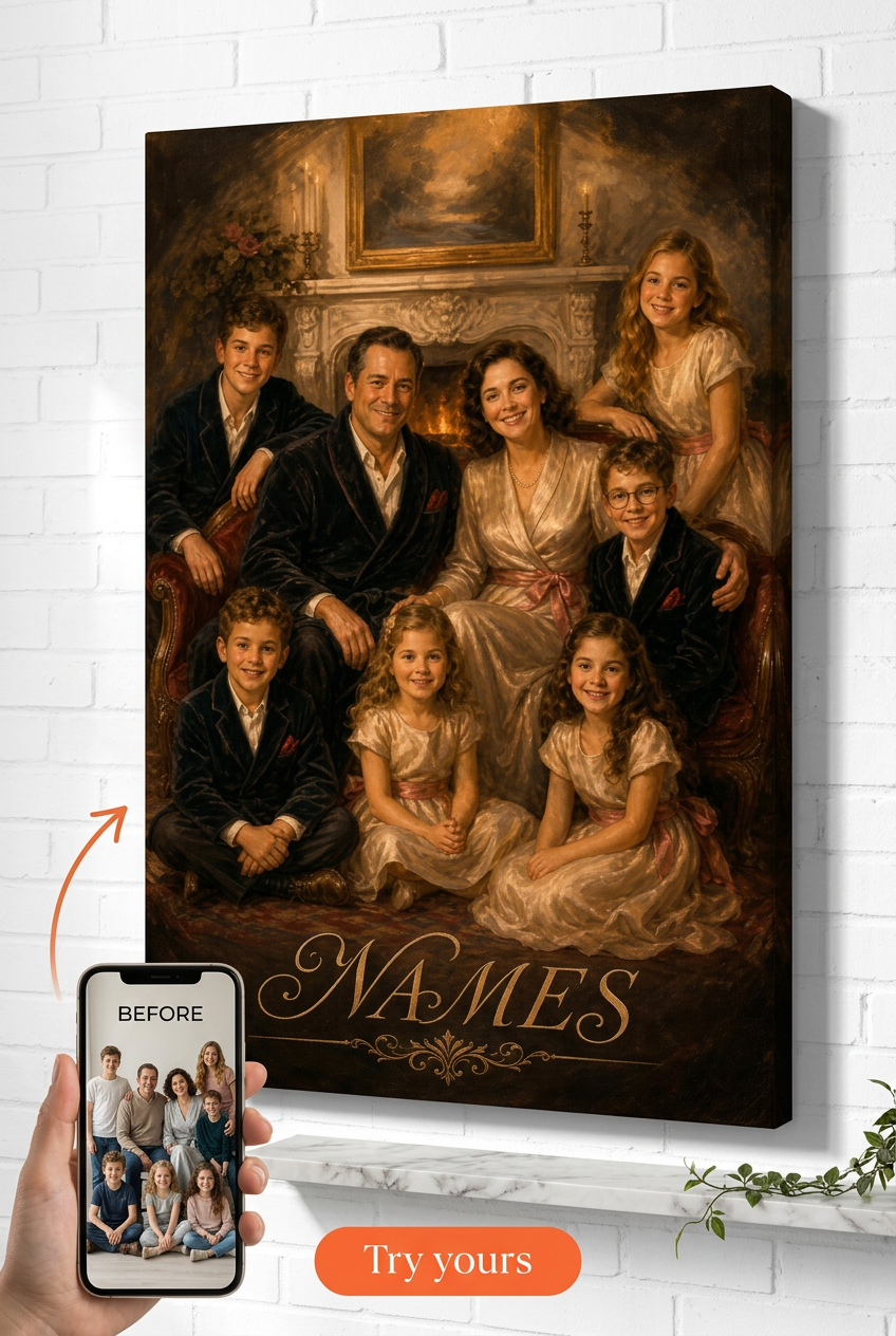 Custom 1940s Hollywood Family Fireplace Portrait from Photo | Personalized Undefined Gift