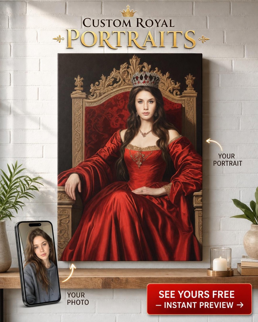 Custom Royal Woman Portrait — Regal Crown & Throne Canvas