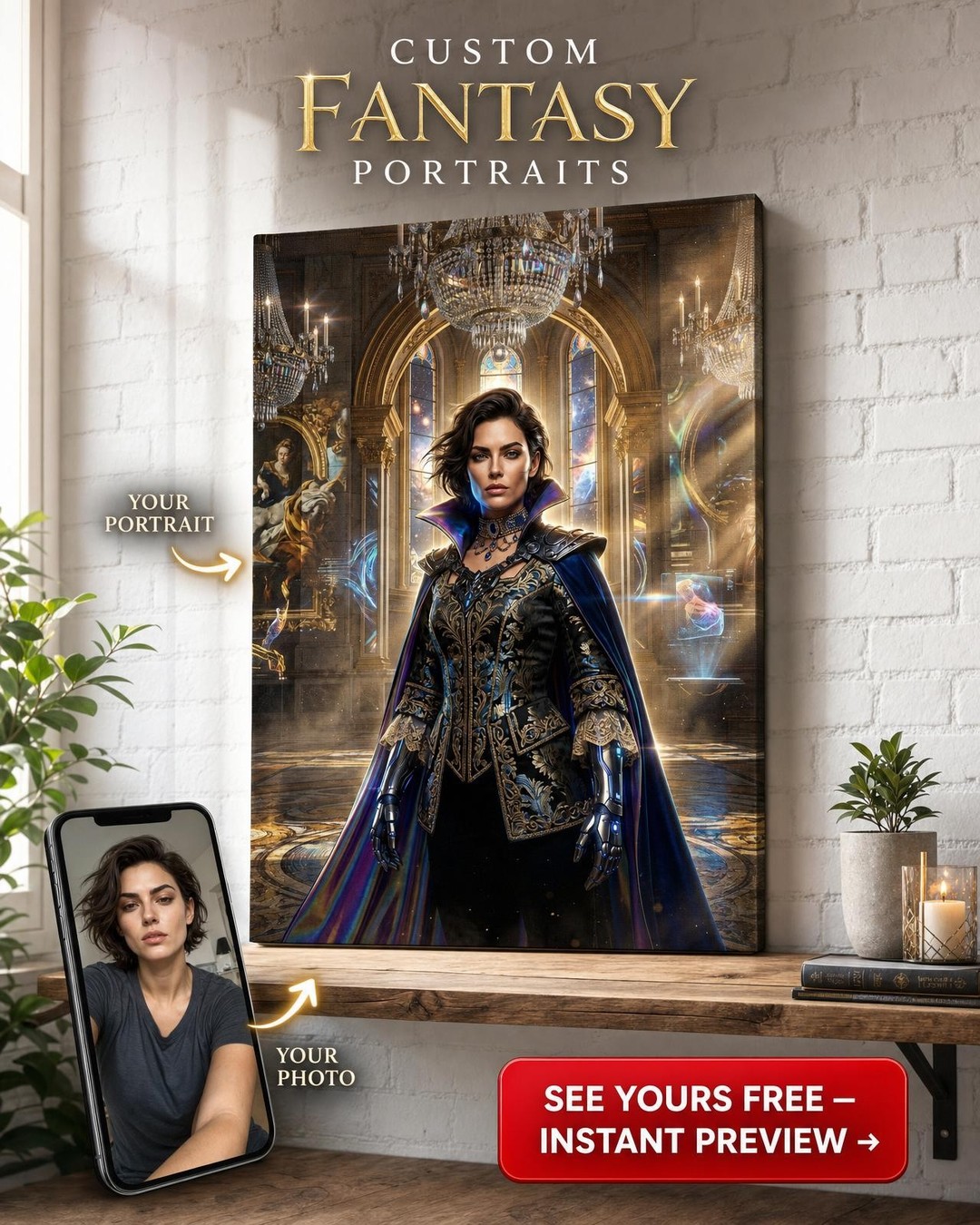 Custom Royal Woman Portrait — Regal Castle Canvas from Photo