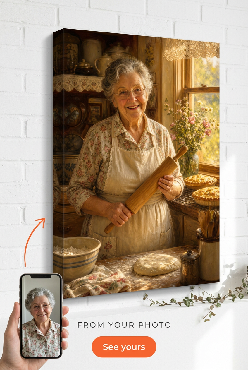 Custom Family Portrait — Whimsical Woman Baker Canvas from Photo
