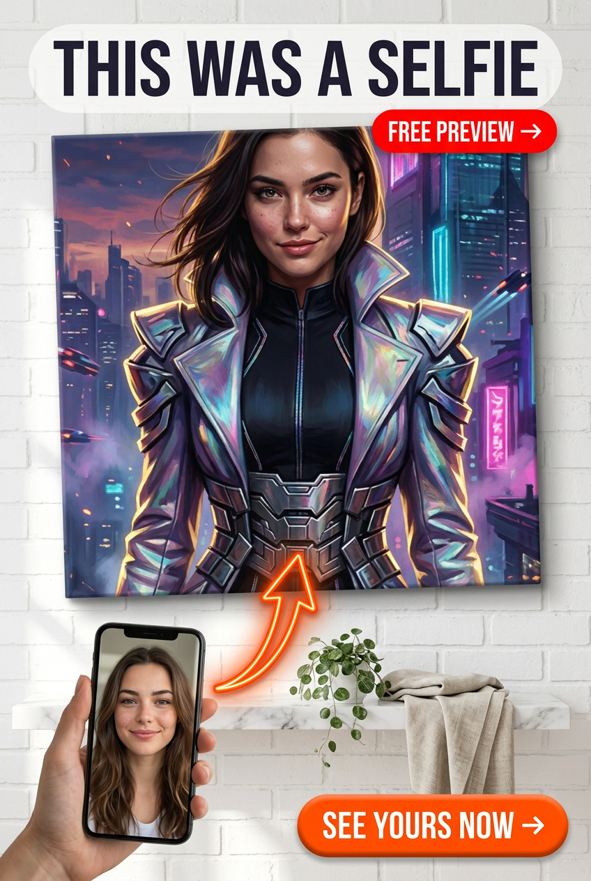 Custom Cyberpunk Woman Portrait — Heroic Futuristic Canvas from Photo