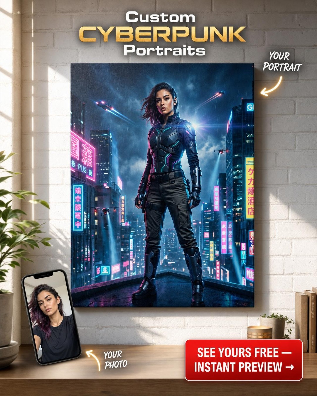 Custom Cyberpunk Man Portrait — Neon Heroic Canvas from Photo