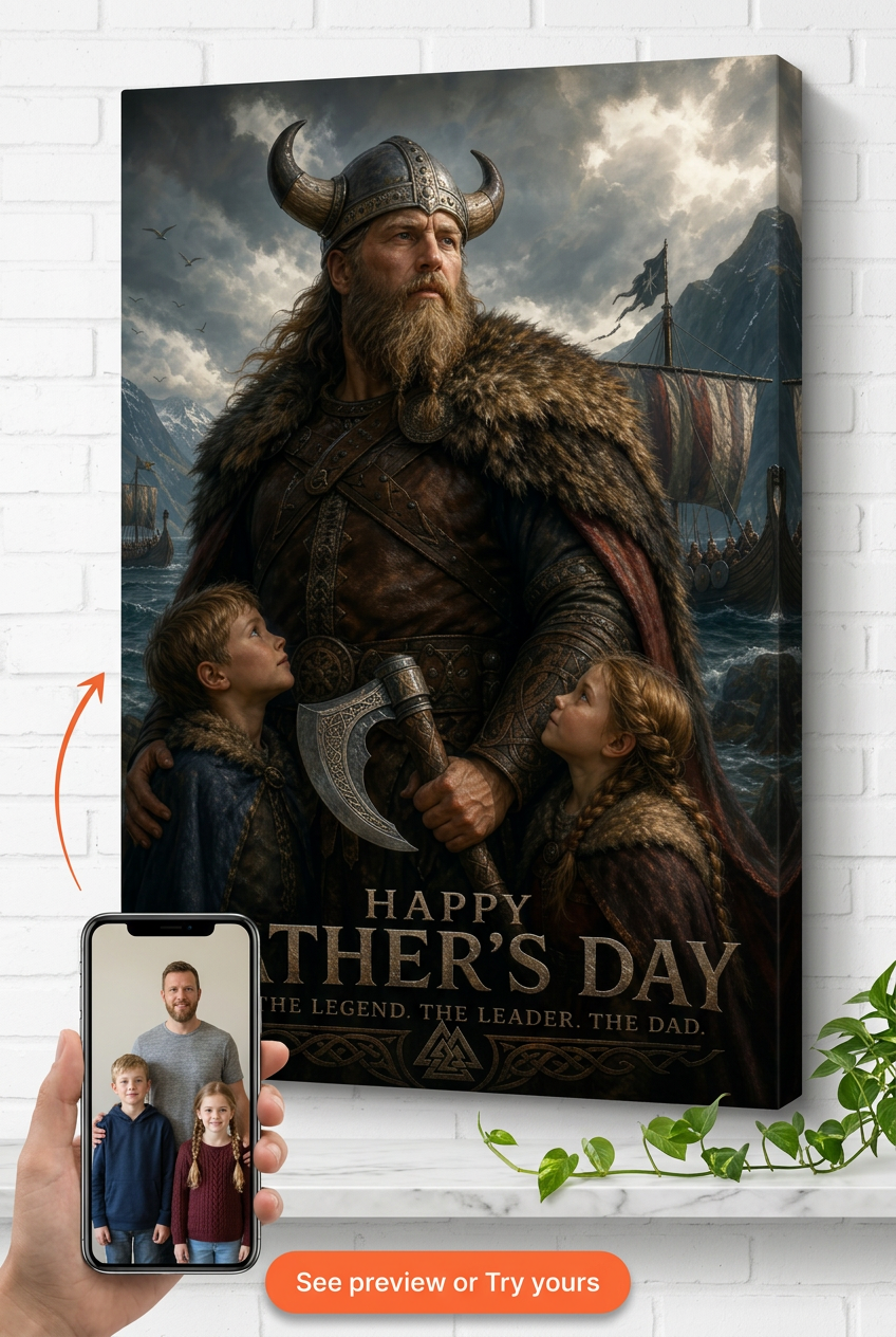 Custom Viking Father & Children Portrait — Regal Axe & Mountain Canvas