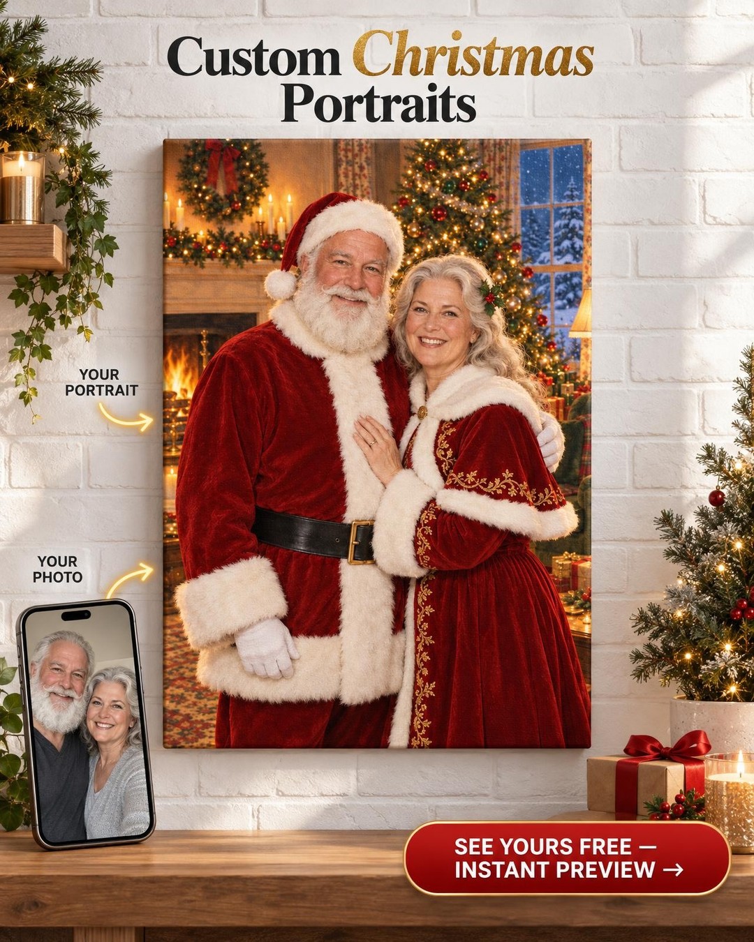Custom Santa & Mrs. Claus Couple Portrait — Christmas Eve Living Room Canvas from Photo