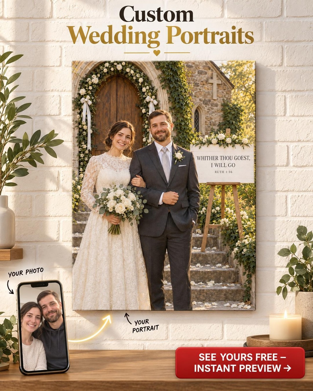 Wedding Chapel Couple Custom Portrait from Photo with Bible Verse | Personalized Faith Family Gift