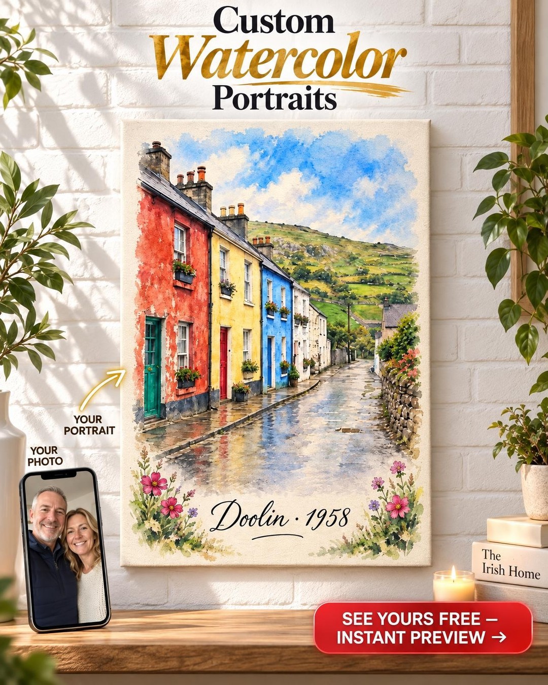 Hometown Watercolor Custom Portrait from Photo | Town Name and Year