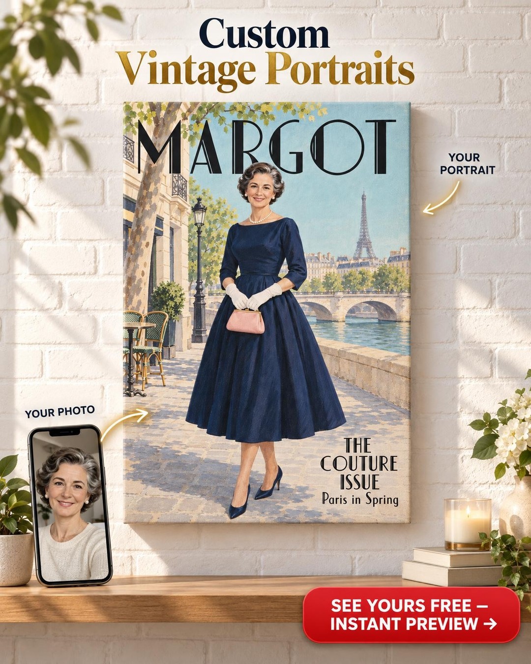 Vintage Couture Magazine Cover Custom Portrait from Photo | Gift for Her