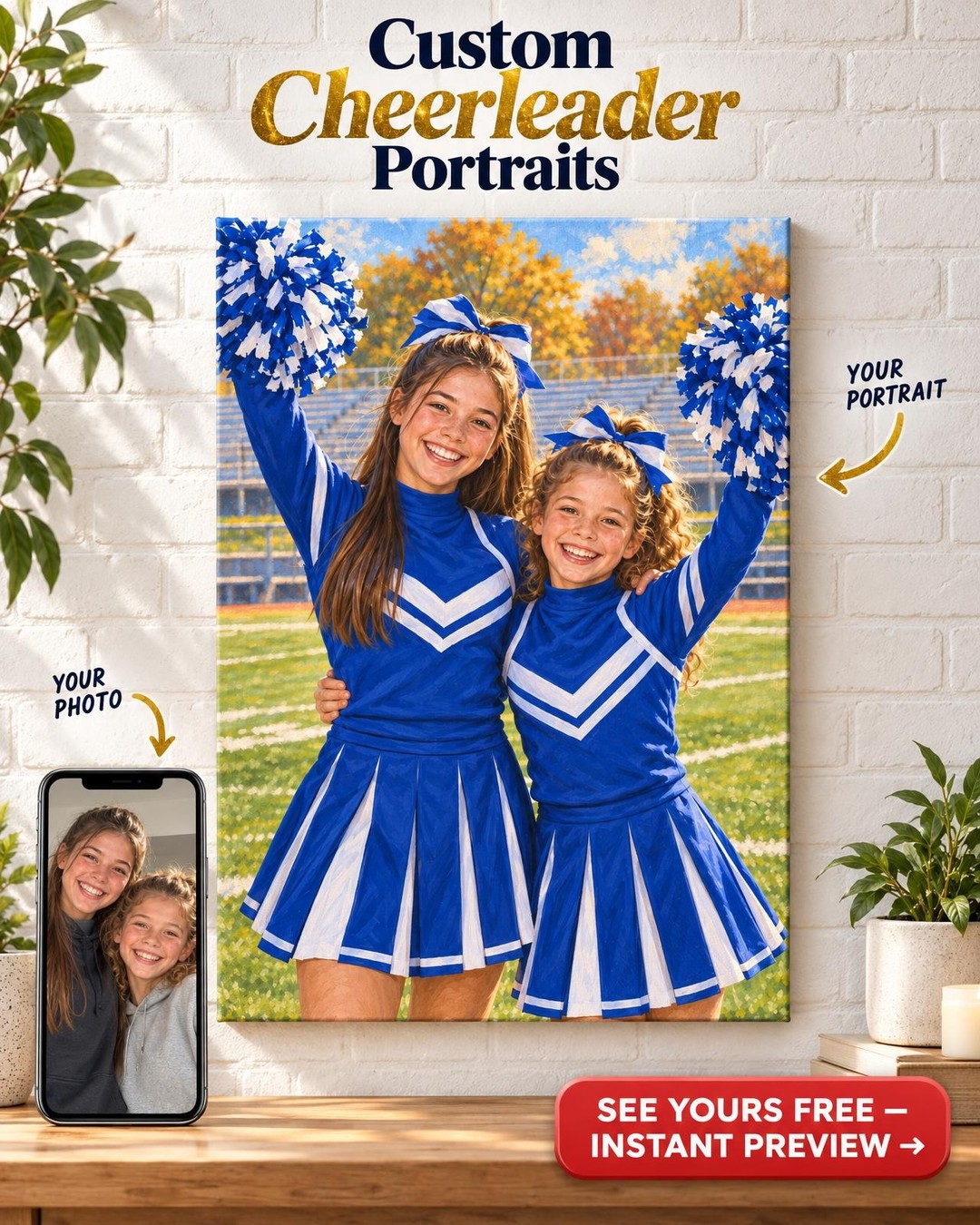 Cheer Sisters Custom Portrait from Photo | Personalized Cheer Portrait Gift