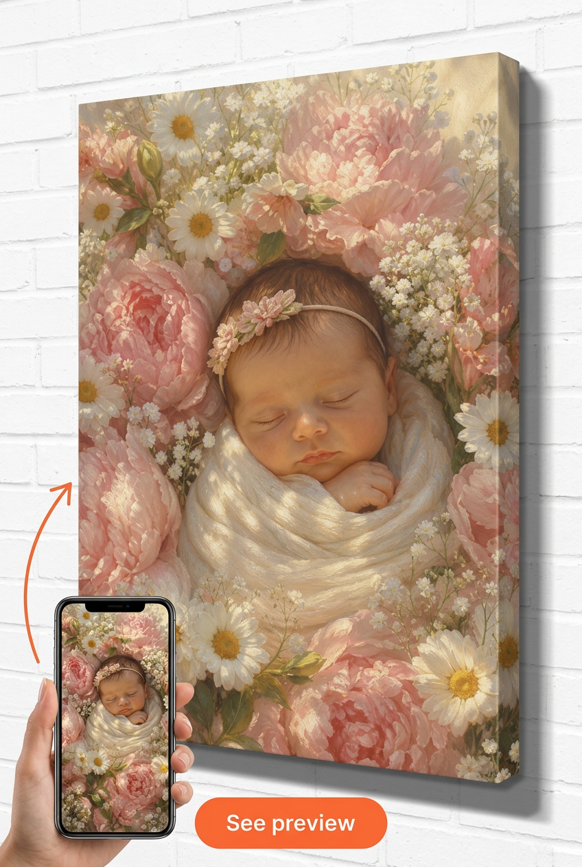 Custom Baby Mother-Child Portrait — Serene Flower Bed for Boy