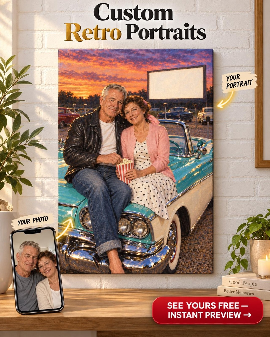 First Date at the Drive-In Custom Portrait from Photo | Personalized Classic Car Gift
