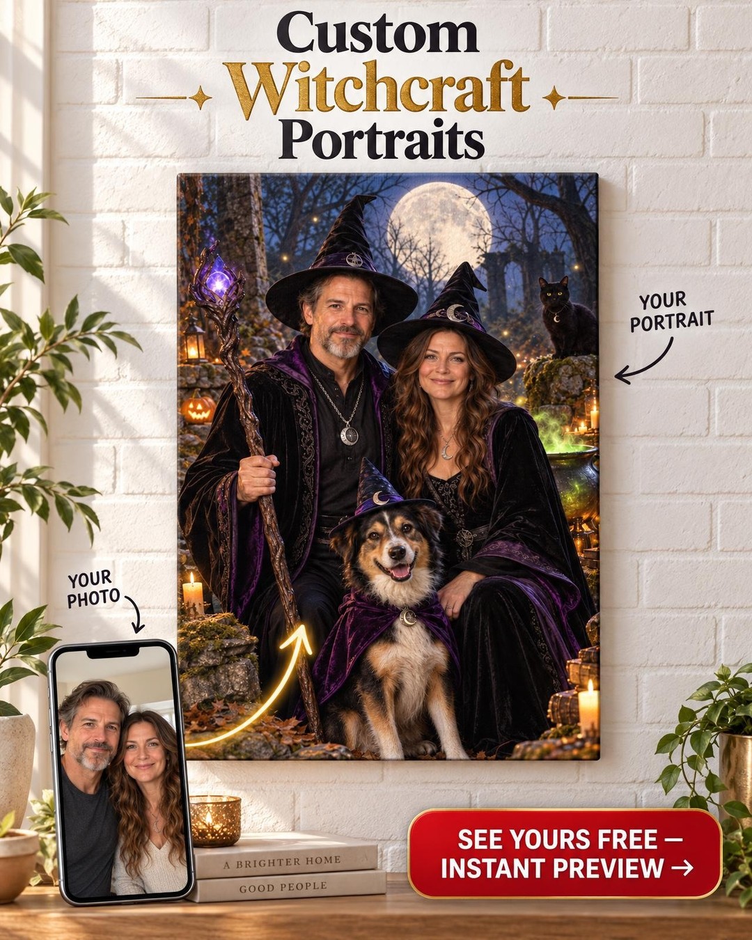 Moonlit Forest Witch Custom Portrait from Photo | Personalized Gift