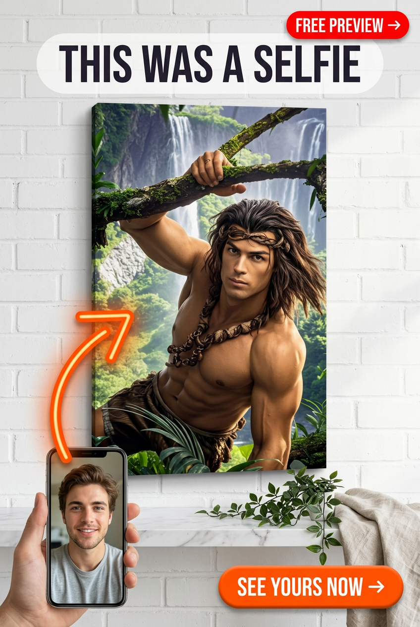 Custom Jungle Man Portrait — Heroic Waterfall Canvas from Photo