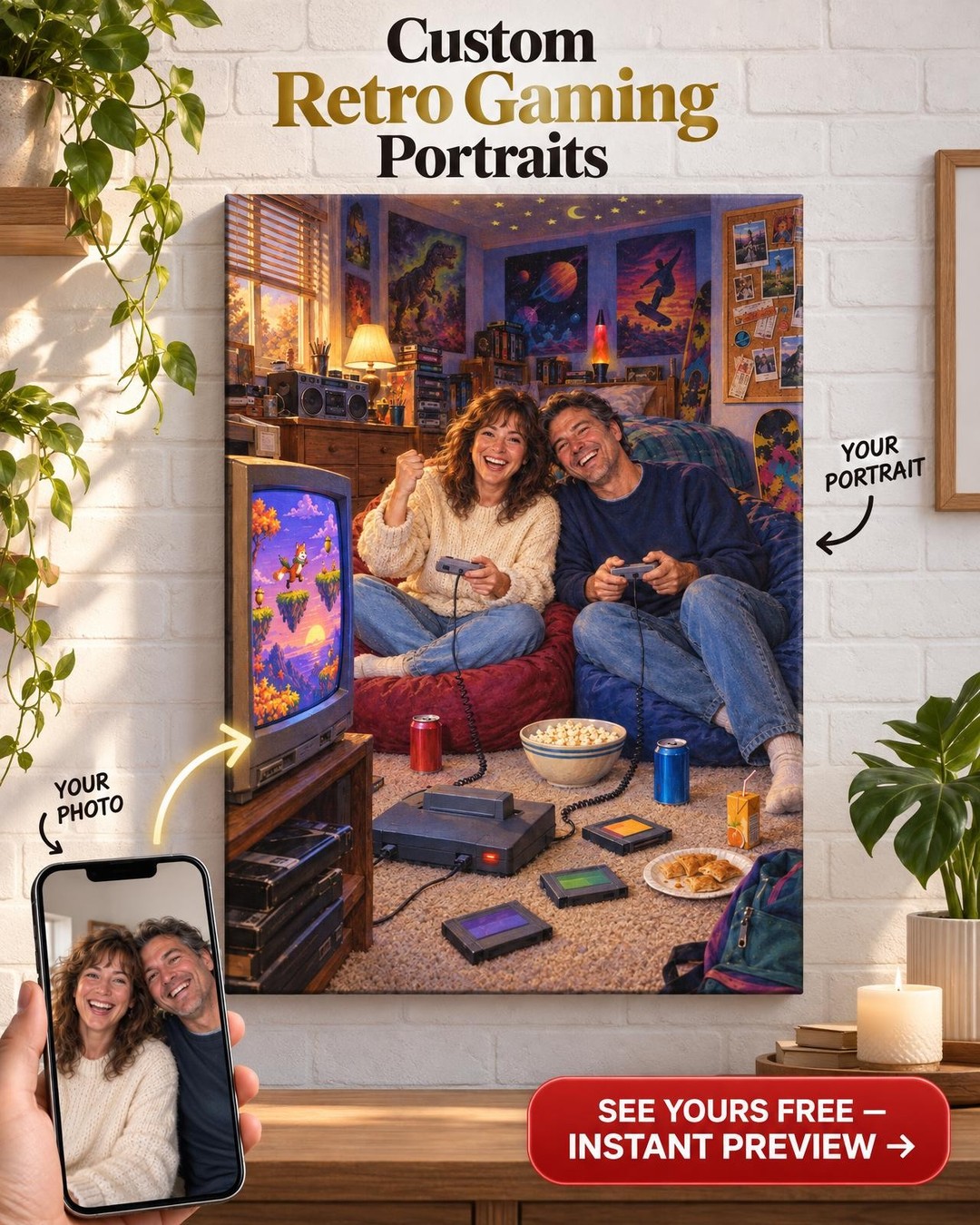 Player One and Player Two Custom Portrait from Photo | Personalized Retro Gamer Gift