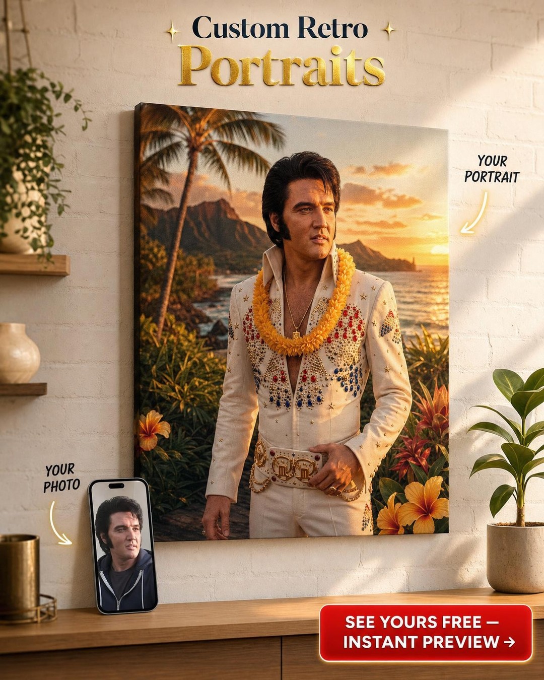 Custom Musician Man Portrait — Whimsical Tropical Canvas